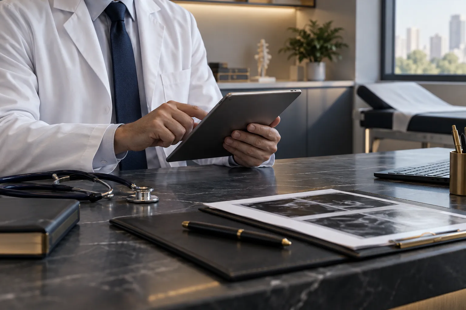 Médico analisando informações em um ambiente clínico